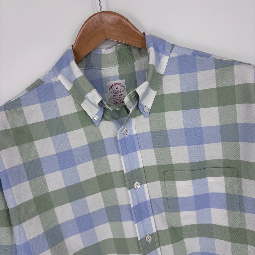 Brooks Brothers Oxford Shirt Mens XL Blue Green Plaid Madison Fit Made In USA